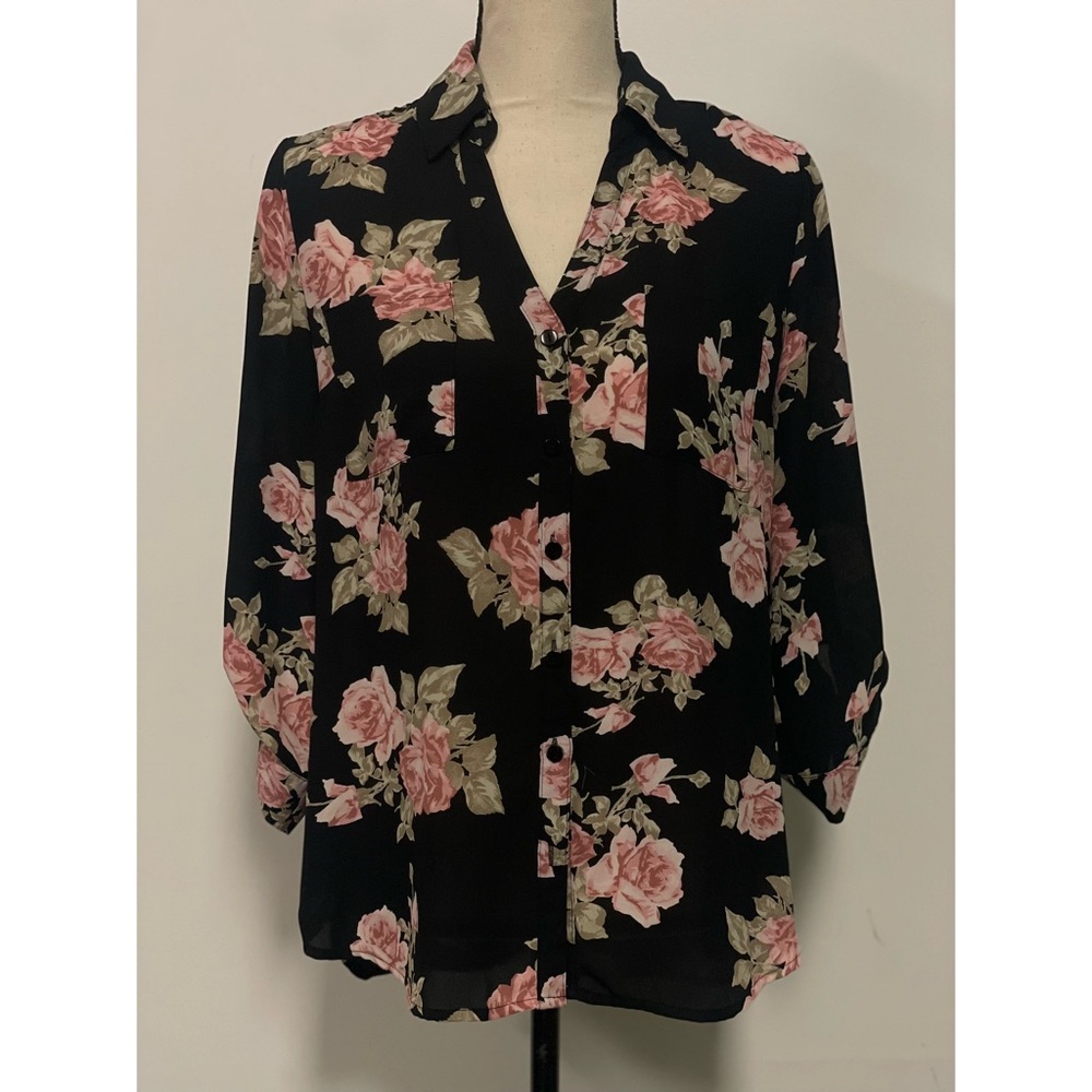 IZ Byer Hi-Low Chiffon 3/4 Sleeve Button Down Blouse Floral Pink & Black Size M